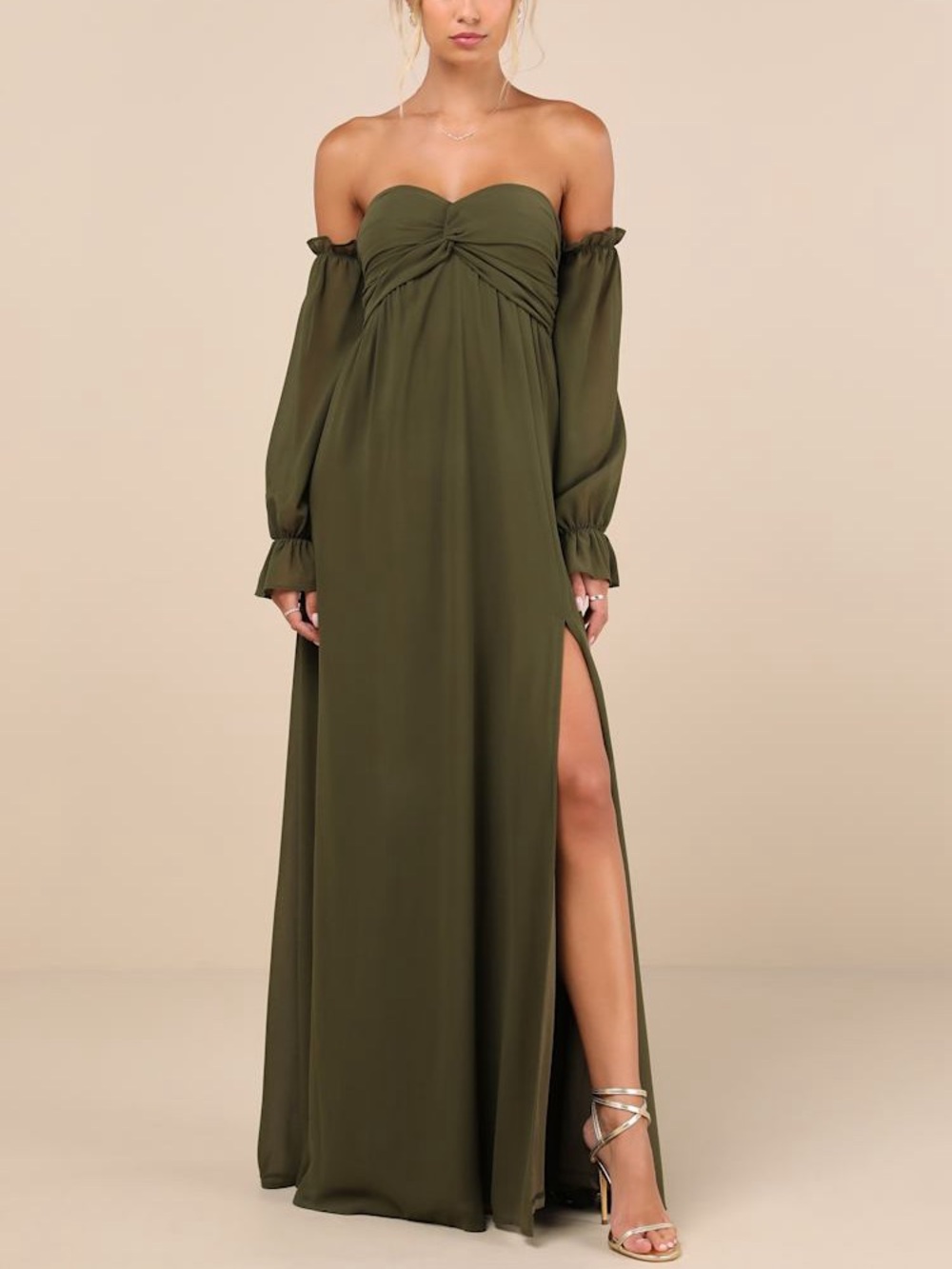 Lulus Glorious Invite Olive Green Knotted Off-the-Shoulder Maxi Dress Size M NWT